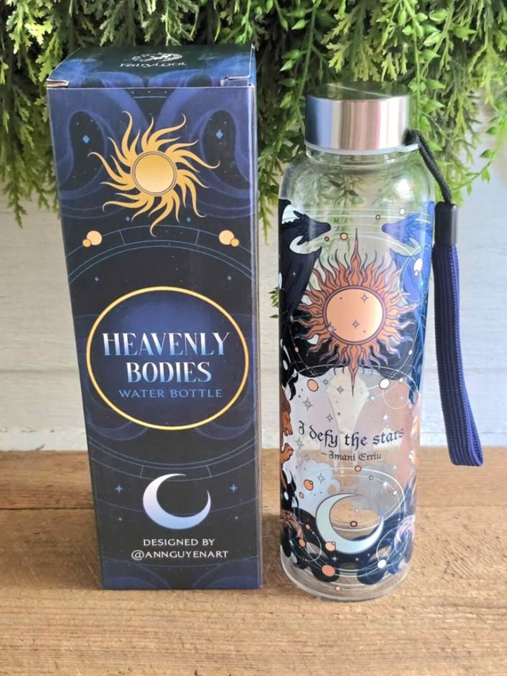 New Fairyloot Heavenly Bodies by Imani Erriu Glass Water Bottle with Wrist Strap